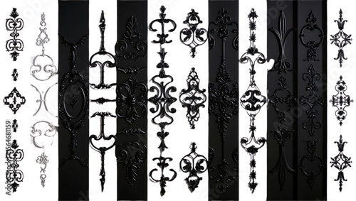 Collection of ornate black and silver decorative metal scrollwork elements