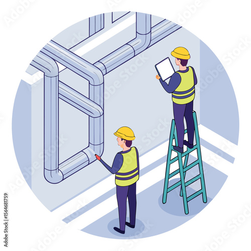 Workers inspecting industrial pipes on a ladder inspection plumbing