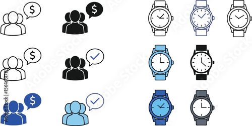 Icons depicting groups of people with dollar signs and check marks and various wrist watches displayed