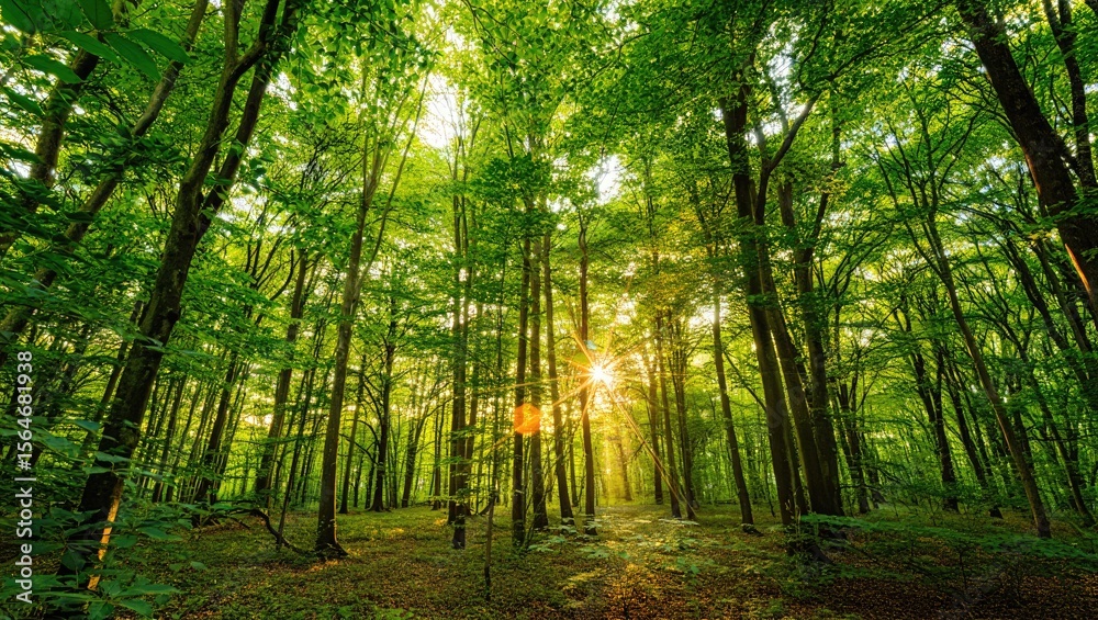 Obraz premium Lush green forest with sunbeams trees sunlight