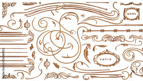 Collection of ornate golden decorative elements and flourishes on white background
