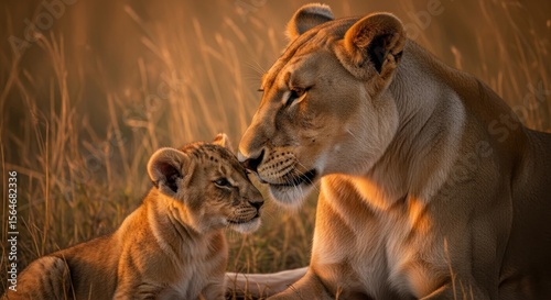 Majestic Lioness and Cub Nuzzle in Golden Savannah Light