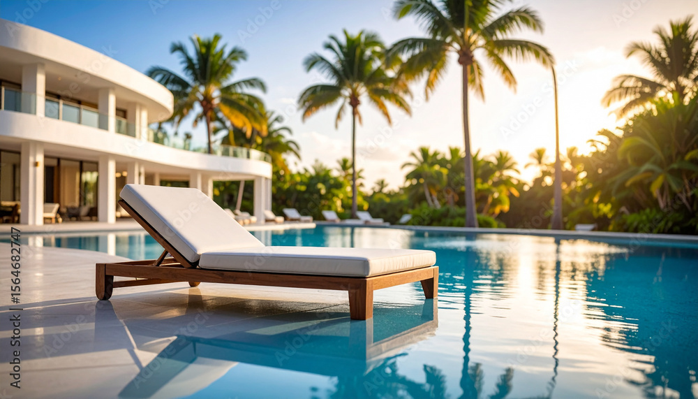 Fototapeta premium swimming pool in hotel with lounger, sunny day 