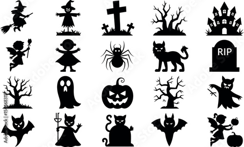 Collection of halloween icons featuring witches ghosts pumpkins and spooky creatures silhouette