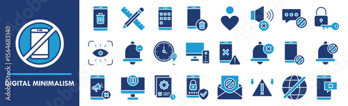 Digital Minimalism icon collection set. Containing design No Distractions, App Deletion, Essential Tools, No Ads, Pause