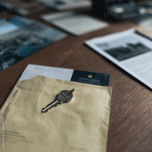 Key to New Beginnings: A close-up perspective shows a house key resting on an envelope, symbolizing opportunity and transition.