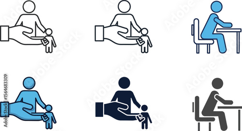A set of six illustrations depicting a hand holding a child and a person sitting at a desk icon