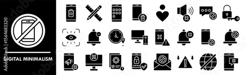 Digital Minimalism icon collection set. Containing design No Distractions, App Deletion, Essential Tools, No Ads, Pause