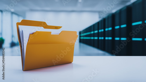 Data Folder: The central data folder sits on a clean, uncluttered surface with a servers and data center background, ideal for representing digital data.