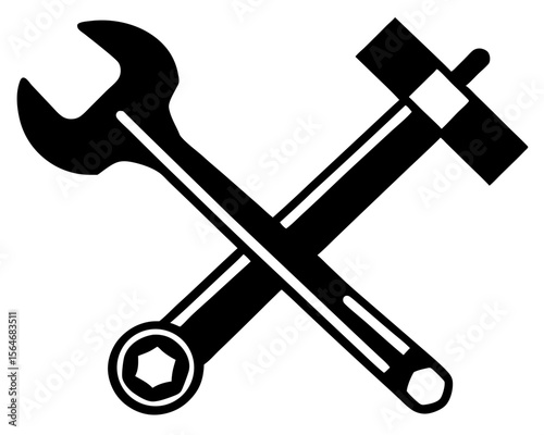 A set of isolated metal construction tools, including a hammer and adjustable wrench, ready for repair work