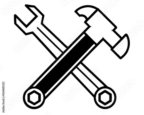 A set of isolated metal construction tools, including a hammer and adjustable wrench, ready for repair work
