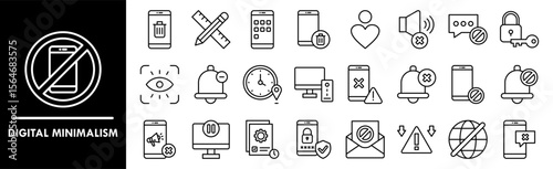 Digital Minimalism icon collection set. Containing design No Distractions, App Deletion, Essential Tools, No Ads, Pause