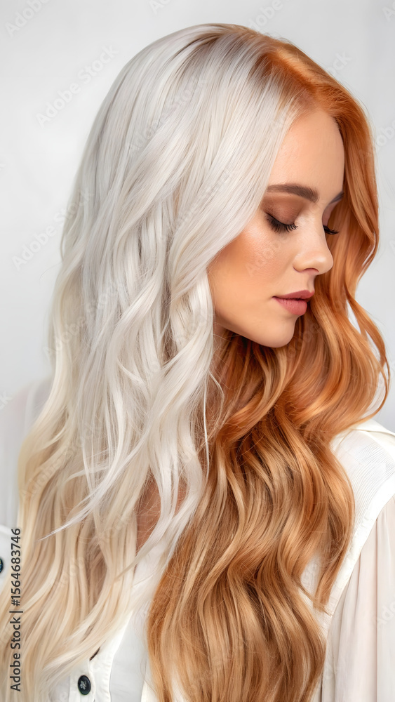 Naklejka premium Serene Woman with Half Platinum Blonde, Half Copper Red Wavy Hair