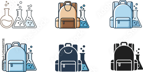 A set of six illustrations showing backpacks and beakers in different styles and color variations