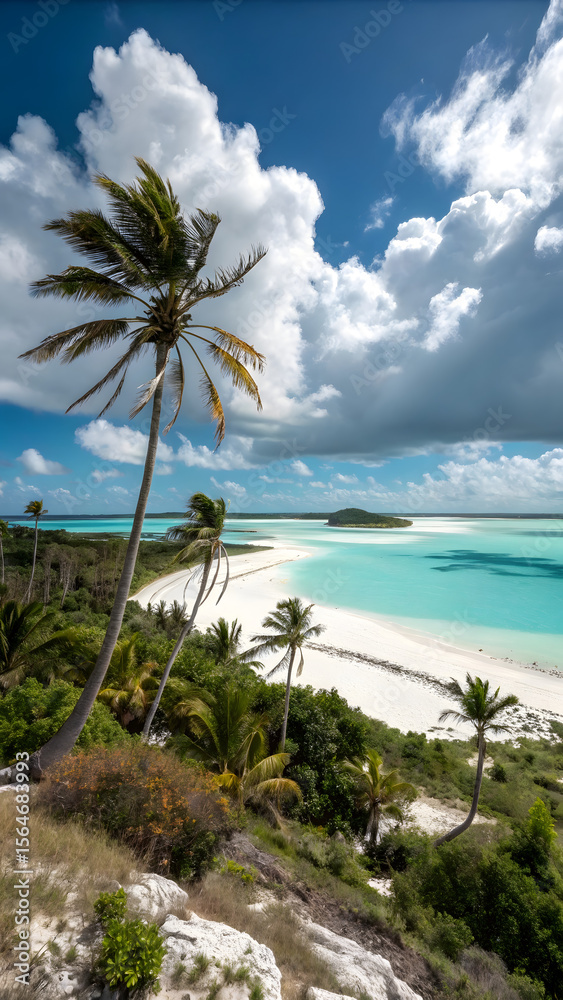 Fototapeta premium Tropical Island Paradise: White Sand Beach, Turquoise Water, Palm Trees, Dramatic Cloudscape, Idyllic Vacation Scene