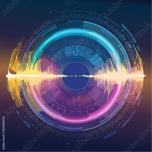Abstract digital audio visualization with colorful sound waves and circular elements