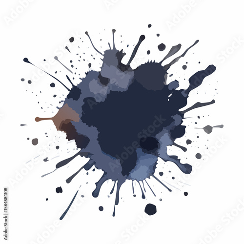 Abstract watercolor ink blot with splatters in shades of blue and brown isolated