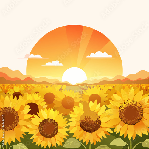 Beautiful field of sunflowers against a stunning sunset with a bright orange sky