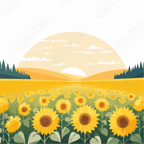 Beautiful illustration of a sunflower field at sunset with a serene and calming atmosphere