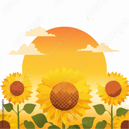 Beautiful illustration of sunflowers field under the bright sun in a summer day