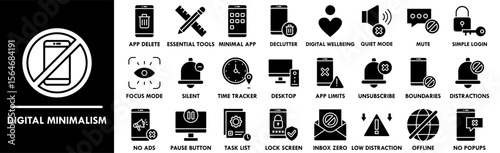Digital Minimalism icon collection set. Containing design No Distractions, App Deletion, Essential Tools, No Ads, Pause