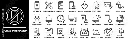 Digital Minimalism icon collection set. Containing design No Distractions, App Deletion, Essential Tools, No Ads, Pause
