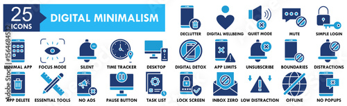 Digital Minimalism icon collection set. Containing design No Distractions, App Deletion, Essential Tools, No Ads, Pause