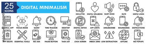 Digital Minimalism icon collection set. Containing design No Distractions, App Deletion, Essential Tools, No Ads, Pause