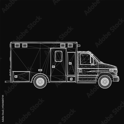 Ambulance blueprint on black background features a detailed outline of the vehicle, including body structure and wheels. The design highlights essential emergency vehicle components with precision.
