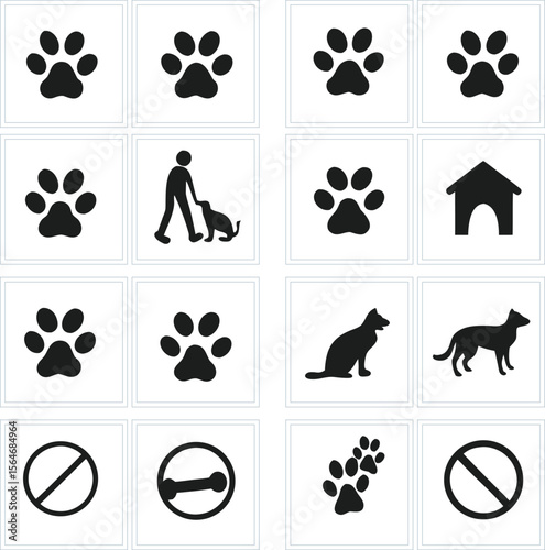 Animal paw prints dog house person walking dog cat silhouette vector