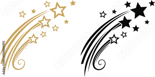 Gold and black star trails with swirls on a white background in a side by side comparison illustration