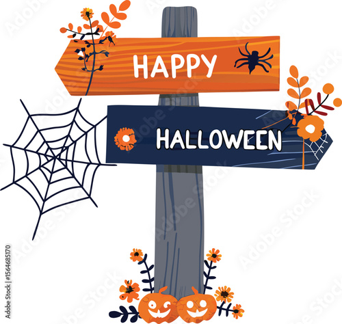 Halloween road sign signboard wood sign spider web spider Premium Vector Halloween night background with pumpkin bats flying
