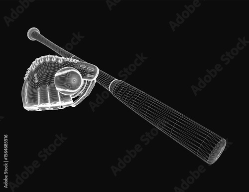 A realistic 3D model of a baseball bat and ball on a sleek black background. The bat features a detailed handle and smooth barrel, while the ball displays its iconic stitching.