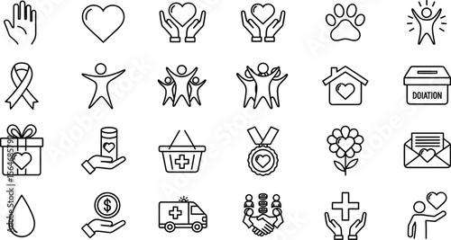 A collection of line art icons representing charity, donation, and helping others in black and white