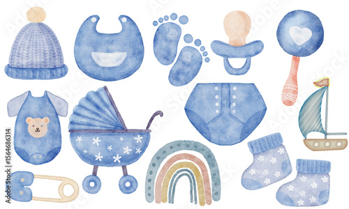 A cute set of hand-painted watercolor baby boy clipart in soft blue tones. Perfect for baby shower invitations, scrapbooking, nursery wall art, birth announcements, and gender reveal designs. 