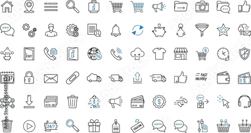 A collection of minimalist line art icons representing various business and e commerce related symbols