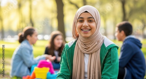 Fototapeta Naklejka Na Ścianę i Meble -  Smiling Muslim Girl With Friends Enjoying A Picnic In The Park On A Sunny Day