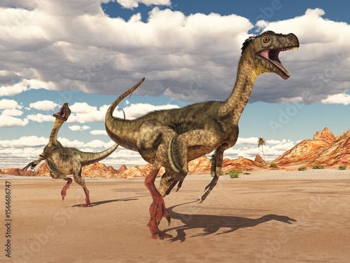 Dinosaurier Ornitholestes in einer Wüstenlandschaft