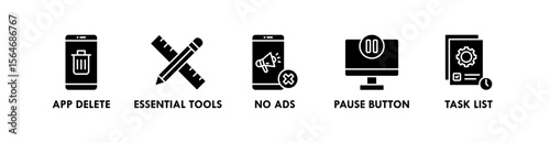 Digital Minimalism banner web icon vector illustration concept with an icon of app delete, essential tools, no ads, pause button, and task list