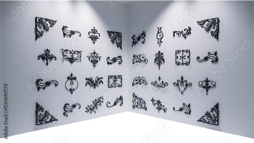 Collection of ornate black decorative elements mounted on a white wall