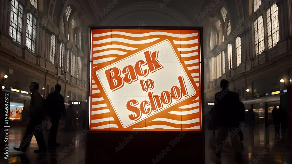 Back to School sign in train station, education concept, school promotion, welcoming students, academic year kickoff, campaign advertisement, university, college. Travel, public space.