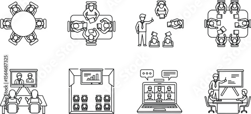 Illustrations depicting various meeting scenarios including in person and online conference setups