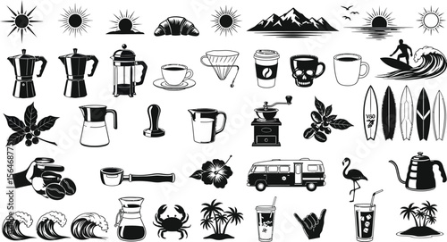 A collection of various black and white vector icons featuring coffee, beach, and vacation themes elements
