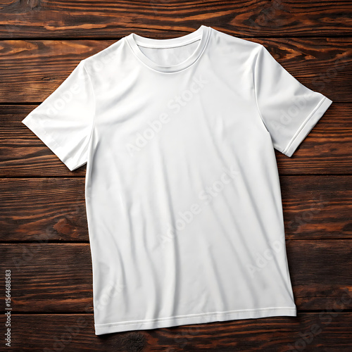 A white tshirt lies flat on a dark wooden surface apparel mockup, garment visualisation, t shirt template, clothing presentation, fashion mockup