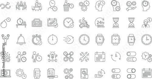 A collection of line art icons depicting time management productivity and scheduling concepts in black and white