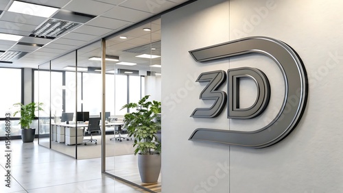 A modern office space with glass walls and a large 3d logo on the wall near potted plants