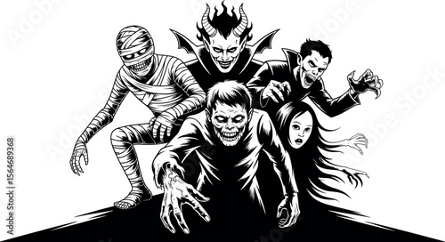 Group of classic monsters including a mummy zombie devil and vampire silhouette