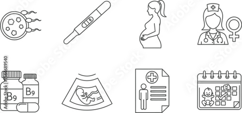 Illustration of pregnancy icons including fertilization test pregnant woman and prenatal care items