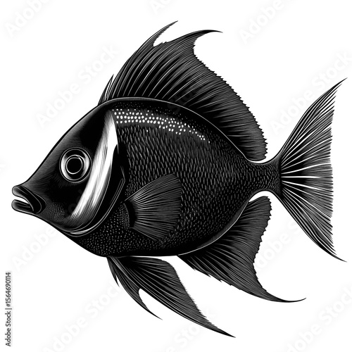 Dark Angelfish Engraving - Detailed Marine Life