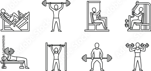 Various gym equipment and workout exercises depicted in simple line art on a white background design